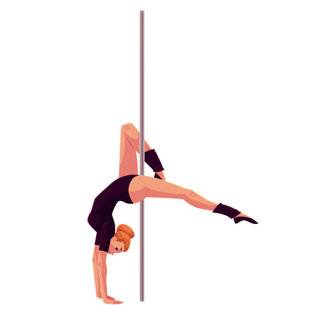 Young pole dance woman in black leotard doing hand stand, cartoon style vector illustration isolated on white background. Young, slim and beautiful pole dancer standing on handsのイラスト素材
