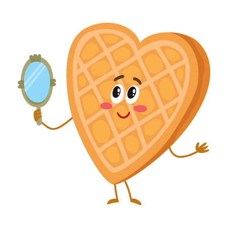 Cute and funny waffle, wafer character looking into handheld mirror, cartoon vector illustration isolated on white background. Funny smiling heart-shaped wafer character with face, arms and legsのイラスト素材
