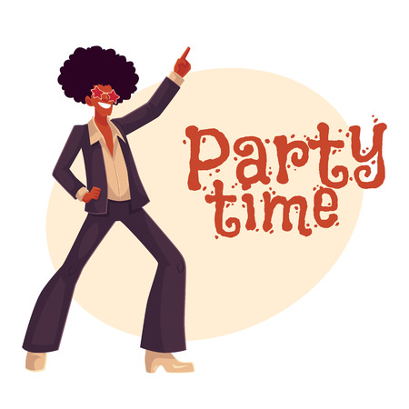Man in afro wig and 1970s style clothes dancing disco, cartoon style invitation, greeting card design. Party invitation, advertisement, Young man in star sunglasses and afro wig dancing at retro discoのイラスト素材