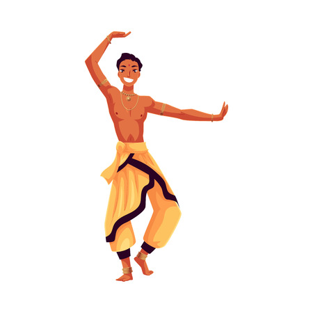 Indian male dancer in traditional harem pants, cartoon vector illustration isolated on white background. Traditional Indian male dancer wearing baggy pants and ankle brecelets, Bollywood performerのイラスト素材