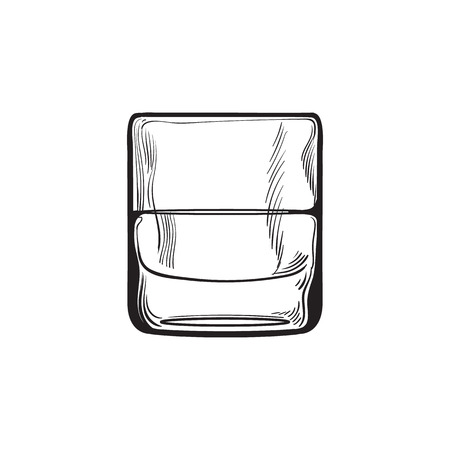 Scotch whiskey, rum, brandy shot glass, sketch style vector illustration isolated on white background. black and white hand drawing of a glass of whiskey shotのイラスト素材