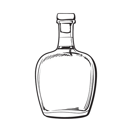 Full Jamaican rum bellied bottle, sketch style vector illustration isolated on white background. black and white hand drawing of an unlabeled, unopened rum, brandy, whiskey bottleのイラスト素材