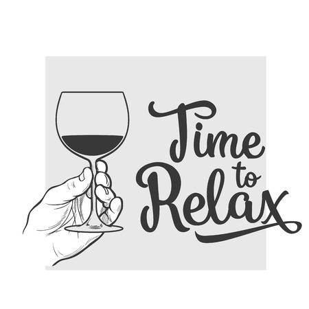 hand holding wine glass, sketch style vector illustration isolated. Realistic hand drawing of an unlabeled, unopened and hand holding glass of wine for posters, postcards, time to relax conceptのイラスト素材