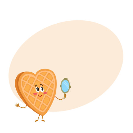 Cute and funny waffle, wafer character looking into handheld mirror, cartoon vector illustration on background with place for text. Funny smiling heart-shaped wafer character with face, arms and legsのイラスト素材