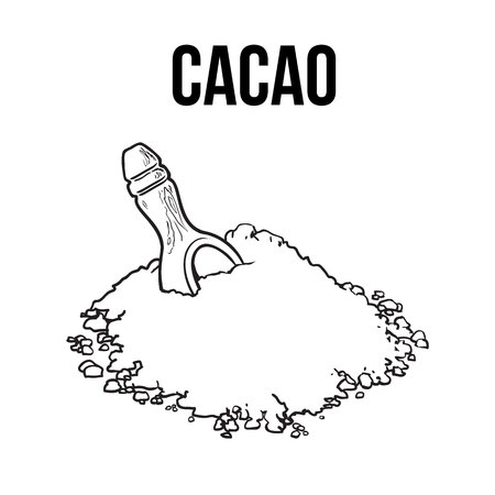 Hand drawn pile of cocoa powder with a wooden scoop, sketch style vector illustration isolated on white background. Colorful illustration of ground cacao bean, cocoa powderのイラスト素材