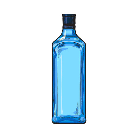 Traditional blue gin glass bottle, sketch style vector illustration isolated on white background. Realistic hand drawing of an unlabeled, unopened blue gin bottleのイラスト素材