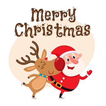 Merry Christmas greeting card template with Santa and reindeer skate and have fun, cartoon vector illustration isolated. Christmas poster, banner, postcard, greeting card design with a deerのイラスト素材