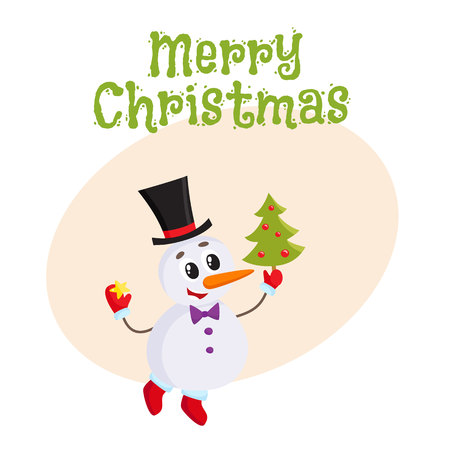 Merry Christmas greeting card template with Cute and funny little snowman decorating a Christmas tree, cartoon vector illustration isolated on white background. Christmas poster, banner, postcard, greeting card designのイラスト素材