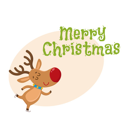 Merry Christmas greeting card template with cute and funny reindeer ice skating happily, cartoon vector illustration. Christmas poster, banner, postcard, greeting card design with a deerのイラスト素材