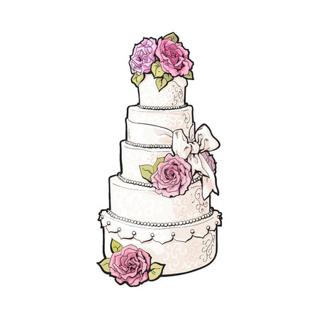 Traditional white tiered wedding cake decorated with pink marzipan roses, sketch style illustration isolated on white background. Layered wedding cake with five tiers, white icing and pink rosesのイラスト素材