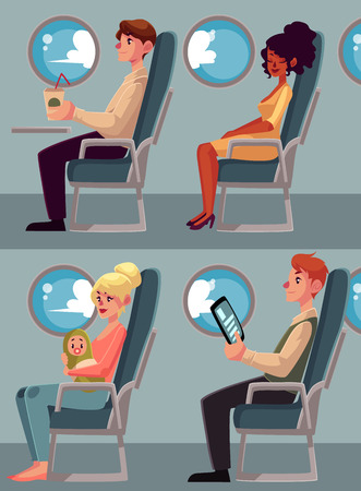 Set of airplane passenger in economy class - businessman, mother and baby, Caucasian man and African woman, cartoon vector illustration on white background. Passengers in airplane seats, economy classのイラスト素材
