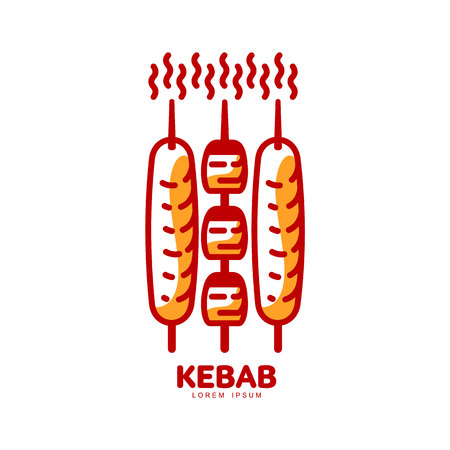 Stylized hot, freshly grilled Turkish kebab  template, vector illustration isolated on white background. Creative two-colored kebab,  template, traditional Turkish fast foodのイラスト素材