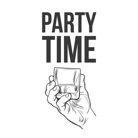 Hand holding full glass of whiskey, sketch style vector illustration isolated. Hand drawing black and white of male hand with shot of rum, whiskey, cognac, party time concept for posters, postcardsのイラスト素材