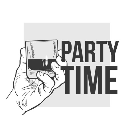 Hand holding full glass of whiskey, sketch style vector illustration isolated on white background. Hand drawing of a male hand with a shot of rum, whiskey, cognac, party time conceptのイラスト素材