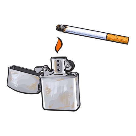 Silver metal lighter and burning cigarette, sketch vector illustration isolated on white background. Realistic hand-drawing of silver colored metal lighter used to lit a cigaretteのイラスト素材