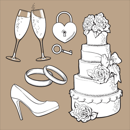 Set of wedding icons - cake, rings, glasses of champagne and lock with a key, sketch style illustration isolatedon brown background. Realistic hand drawing of wedding objects, symbols, elementsのイラスト素材