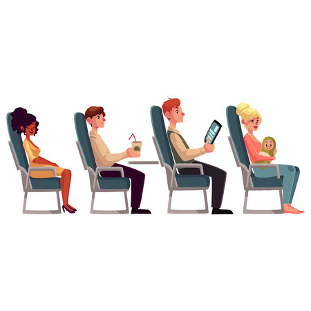 Various passengers, man and women in airplane seats, cartoon vector illustration on white background. Airplane seats occupied by men, drinking and reading, and women, sleeping and lulling a babyのイラスト素材