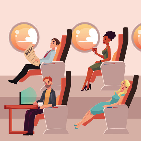 Set of airplane passengers in business class - reading, drinking, working and sleeping, cartoon vector illustration on white background. Male and female passengers in airplane seats, business classのイラスト素材
