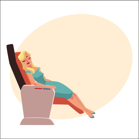 Beautiful blond lady, woman sleeping, taking a nap in airplane business class seat, cartoon vector on background with place for text. Young glamorous woman seating and sleeping in business classのイラスト素材