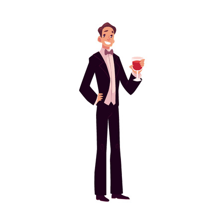 Man in 1920s style smoking and bow tie at a vintage party, cartoon style vector illustration isolated on white background. Young man in stylish black vintage suit holding a glass of wineのイラスト素材
