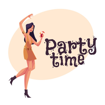 Young clubber girl in short dress dancing with a cocktail in hand, cartoon style invitation, greeting card design. Party invitation, advertisement, Young beautiful woman drinking cocktail and having funのイラスト素材