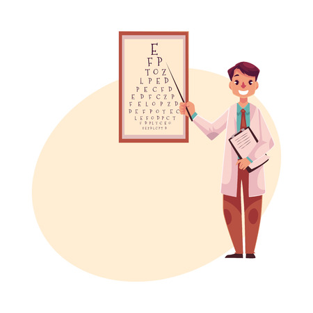 Optometrist doctor standing and pointing to a letter on eye examination chart, cartoon vector on background with place for text. Male optometrist, eye desease specialistのイラスト素材