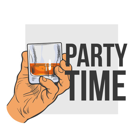 Hand holding full glass of whiskey, colored sketch style vector illustration isolated on white background. Hand drawing of a male hand with a shot of rum, whiskey, cognac, party time conceptのイラスト素材