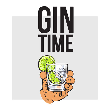 Hand holding glass of gin, vodka, soda water with ice and lime, sketch style vector illustration for poster, banner, invitation design. Hand drawing of male hand with alcohol drink, gin time conceptのイラスト素材