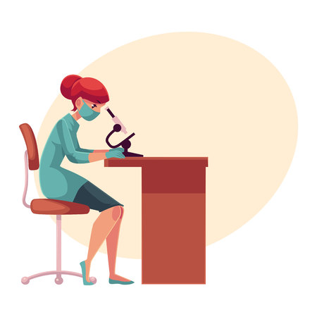 Lab, laboratory assistant, technician wearing medical mask and rubber gloves sits at the table and looks into microscope, cartoon vector on background with place for text. Female laboratorianのイラスト素材