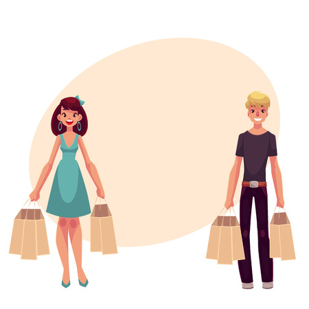 Young man and woman with shopping bags, cartoon vector illustration on background with place for text. Full length portrait of young couple, friends shopping together, holding paper bagsのイラスト素材