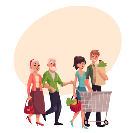 Old and young couples shopping together, buying food in grocery store, cartoon vector illustration on background with place for text. Grandparents and grandchildren doing shopping togetherのイラスト素材
