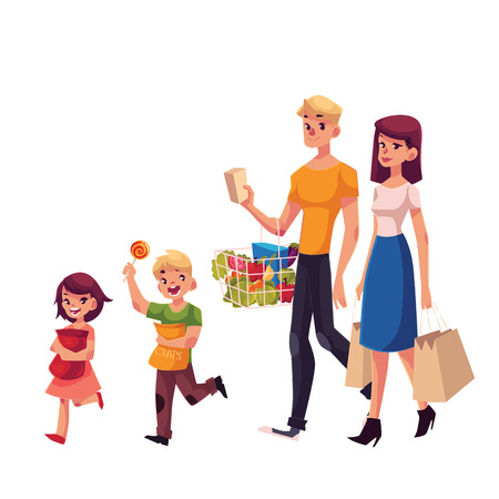 Family of father, mother, daughter and son shopping together, cartoon vector illustration isolated on white background. Family buying food, shopping, carrying bags and basket with grocery productsのイラスト素材