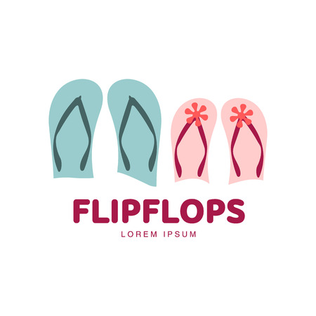 Stylized pair of three colored rubber flip flops logo template, vector illustration isolated on white background. Graphic flip flops, sandals logo design, vacation, holiday, downshifting conceptのイラスト素材