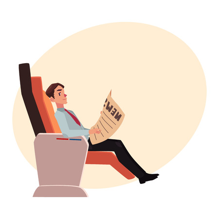 Businessman reading newspaper in business class airplane seat, cartoon vector on background with place for text. Male passenger, business man seating in airplane business class reading newspaperのイラスト素材