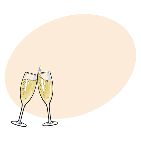 Pair of champagne glasses, set of sketch style vector illustration on background with place for text. Hand drawn glasses with bubbly champagne, cheers, holiday toastのイラスト素材