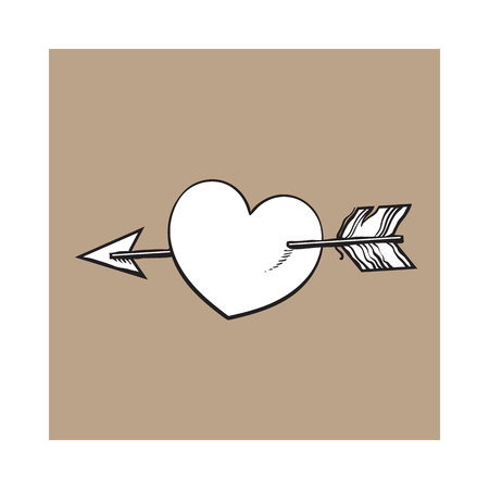 shiny cartoon heart pieced by Cupid arrow, sketch style illustration isolated on brown background. Heart pierced by arrow, symbol of love, romance and passion, marriage iconのイラスト素材