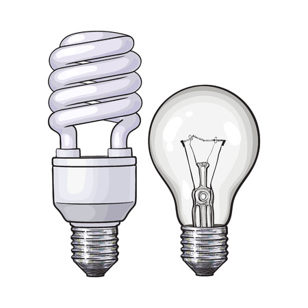 Modern fluorescent, energy saving and traditional tangsten light bulb, sketch style vector illustration isolated on white background. Realistic hand drawing of fluorescent and tungsten light bulbsのイラスト素材