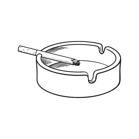 White clean and empty ceramic ashtray with a single lit cigarette, sketch vector illustration isolated on white background. Realistic hand-drawing of simple white ash tray with a burning cigaretteのイラスト素材