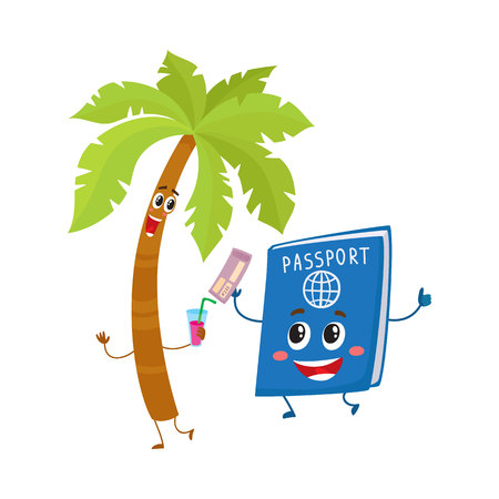 Funny palm tree and passport characters, travelling, summer vacation symbol, cartoon vector illustration isolated on white background. Palm tree and passport characters, mascots, holiday conceptのイラスト素材