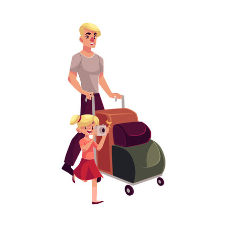Young man pushing airport luggage trolley with his daughter holding camera, cartoon illustration isolated on white background. Young father and daughter going on vacation in the airportのイラスト素材