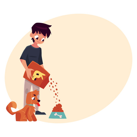 Teenage boy giving food to his puppy, dog, cartoon vector on background with place for text. Full length portrait of black haired boy pouring food from package into bowl for his dog, puppyのイラスト素材