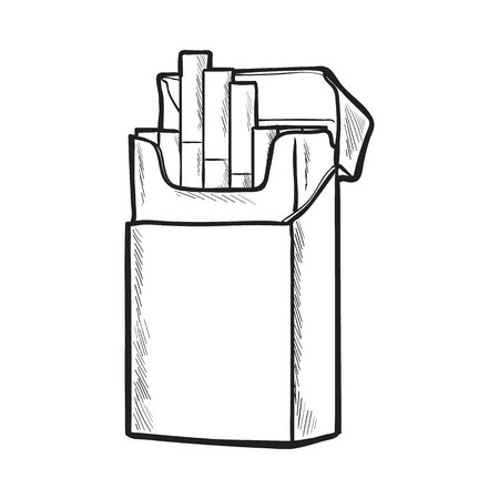 Unlabeled standing open pack of cigarettes, sketch vector illustration isolated on white background. Realistic hand-drawing of open unlabeled pack with unlit cigarettesのイラスト素材