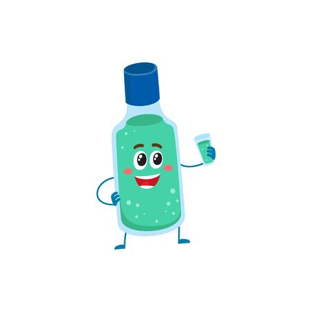 Cute and funny dental mouthwash, mouth rinse character holding glass, cartoon vector illustration isolated on white background. Dental mouthwash funny character, teeth hygiene, dental care conceptのイラスト素材