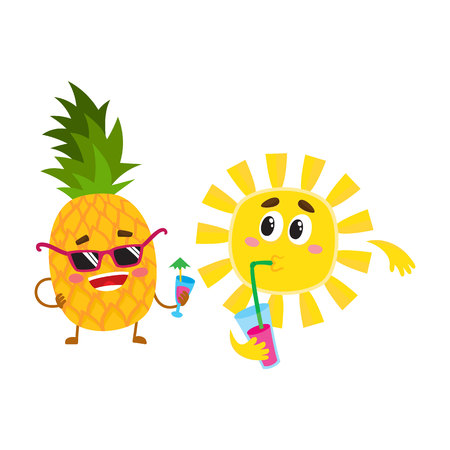 Cute and funny pineapple and sun characters talking, drinking cocktails, having fun, cartoon vector illustration isolated on white background. Funky pineapple and sun characters enjoying vacationのイラスト素材