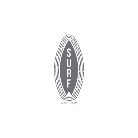 Black and white graphic surfing logo template with surfboard standing vertically, vector illustration isolated on white background. Graphic surfing board logotype, logo designのイラスト素材