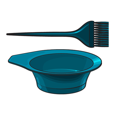 Color mixing plastic hairdresser brush, hairbrush and bowl, sketch style vector illustration isolated . Hairbrush and bowl for hair bleaching and coloringのイラスト素材