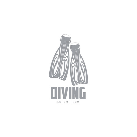 Black and white graphic diving logo template with pair of flippers, vector illustration isolated on white background. Graphic scuba diving, snorkeling logotype, logo design with stylized flippersのイラスト素材