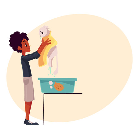 Black, African teenage boy washing, bathing white cat, cartoon vector illustration with place for text. Full length portrait of black boy holding his cat after washing it in a bathのイラスト素材