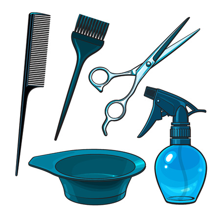 Set of hairdresser objects - scissors, brush, comb, coloring bowl and spray bottle, sketch style vector illustration isolated . Hairdresser, hair stylist tools, objects, attributesのイラスト素材