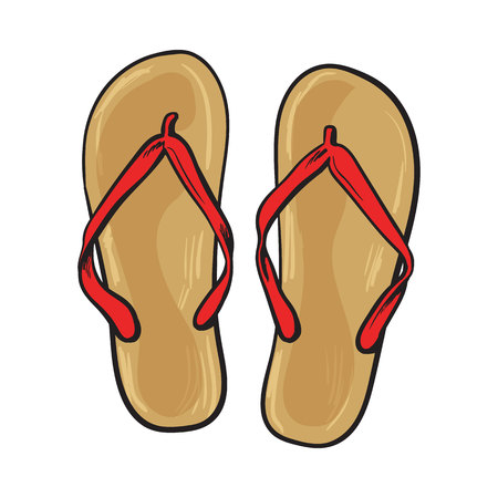 Pair of flip flops, summer time vacation attribute, slippers, shoes, sketch style vector illustration isolated on white background.のイラスト素材